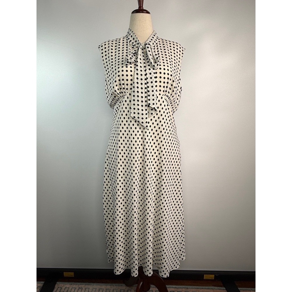 Lauren Ralph Lauren Polka Dot Tie Neck Midi Dress White Black Sleeveless 14